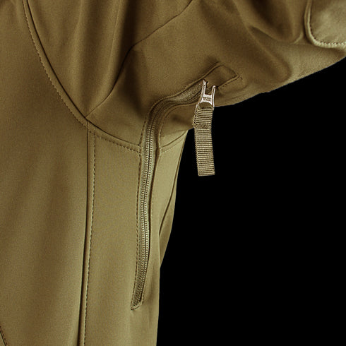 Close-up of the Condor Summit Softshell Jacket in olive green, showcasing a vertical zippered pocket with a fabric pull tab designed for cold weather.